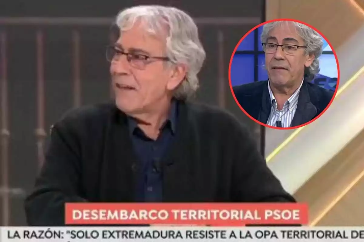 Un hombre con cabello canoso y gafas aparece en un programa de televisión con el texto "Desembarco Territorial PSOE" en la parte inferior. Hay un recuadro circular con otra imagen del mismo hombre en la esquina superior derecha.