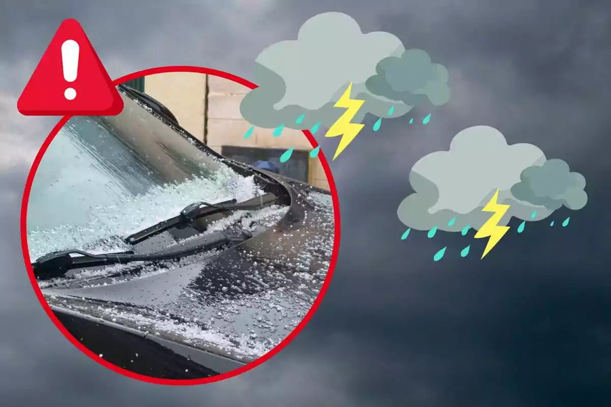 Advertencia de tormenta con granizo y relámpagos, mostrando un parabrisas de coche cubierto de granizo.