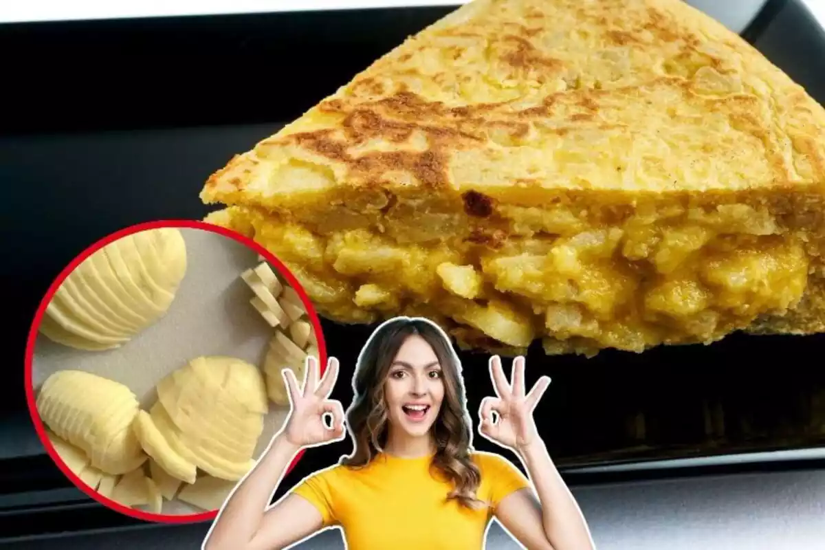 Imagen de fondo de un trozo de tortilla de patata jugoso, junto a una imagen de unas patatas crudas cortadas a láminas y otra imagen de una mujer con gesto de aprobación