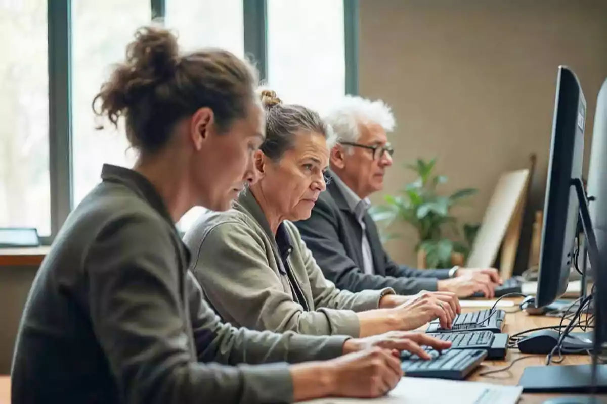 Personas trabajando concentradas en computadoras en una oficina iluminada por luz natural.