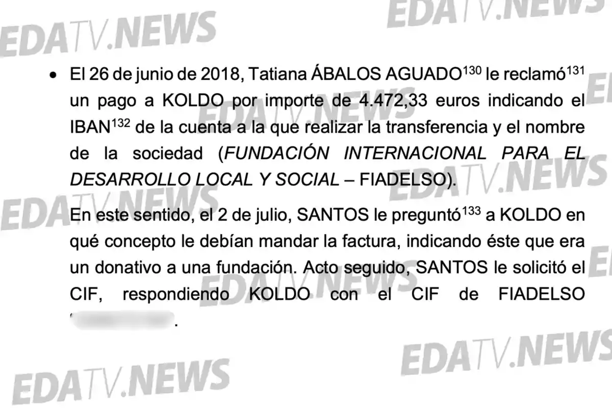 Fragmento de un documento que menciona una reclamación de pago realizada por Tatiana Ábalos Aguado a Koldo por 4.472,33 euros, detallando la transferencia a la Fundación Internacional para el Desarrollo Local y Social, y una consulta posterior sobre el concepto de la factura y el CIF de la fundación. Fragmento de un documento que menciona una reclamación de pago realizada por Tatiana Ábalos Aguado a Koldo por 4.472,33 euros, detallando la transferencia a la Fundación Internacional para el Desarrollo Local y Social, y una consulta posterior sobre el concepto de la factura y el CIF de la fundación.