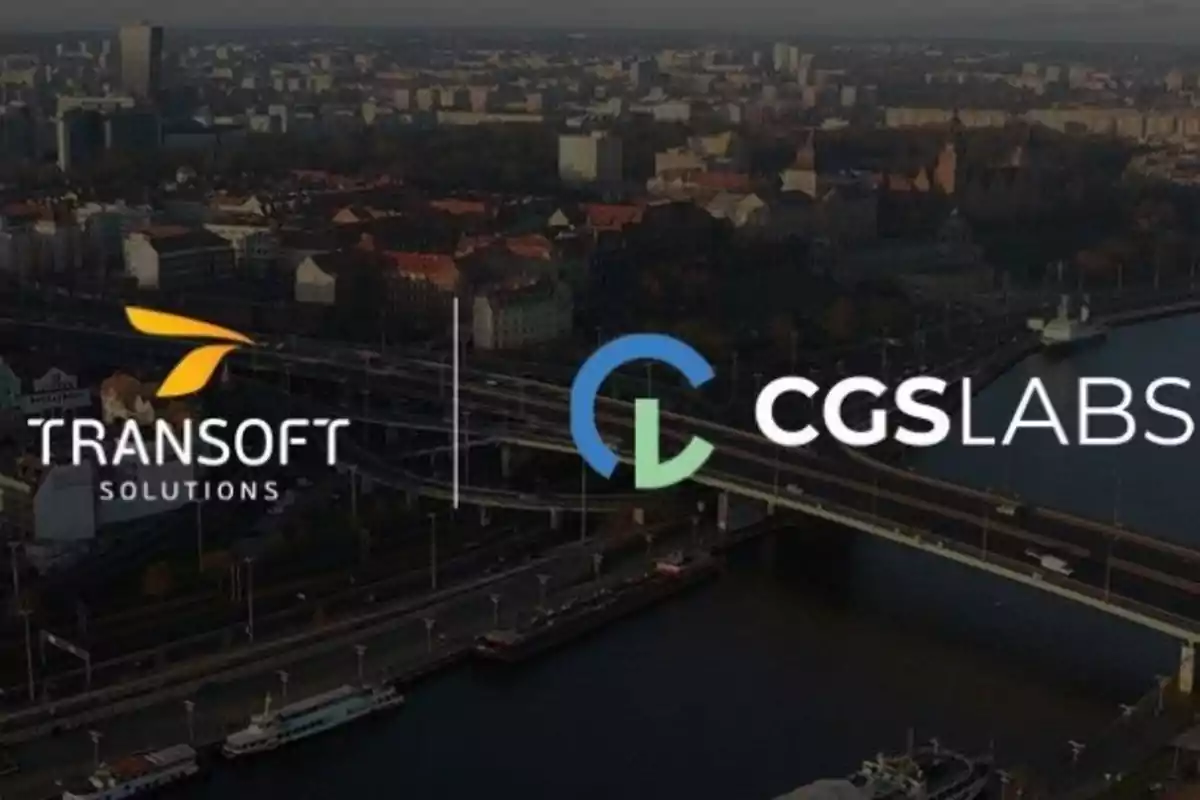 Logos de Transoft Solutions y CGS Labs sobre una vista aérea de una ciudad con puentes y edificios.