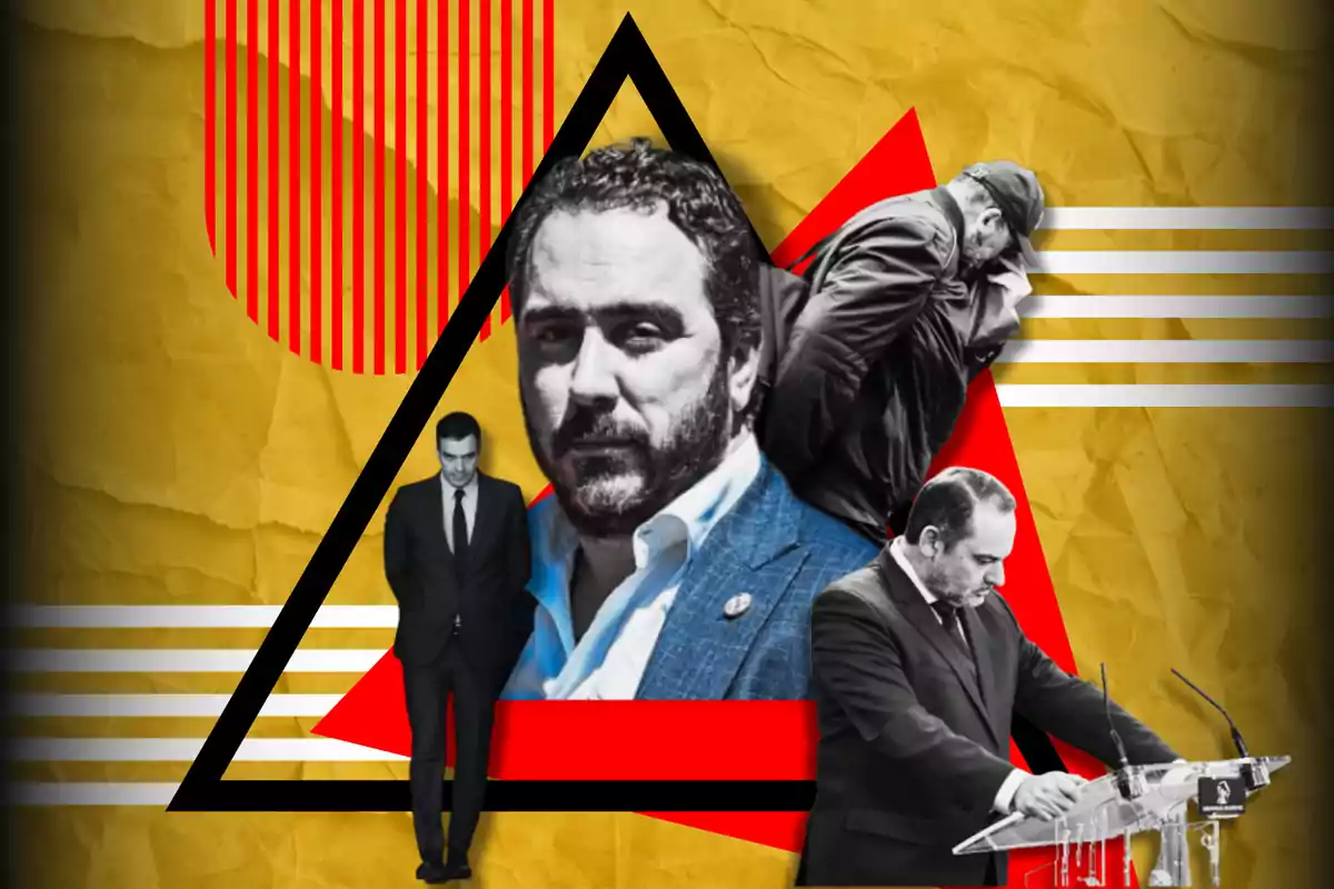 Un collage con varias imágenes de un hombre en diferentes poses, sobre un fondo amarillo con formas geométricas rojas y negras.