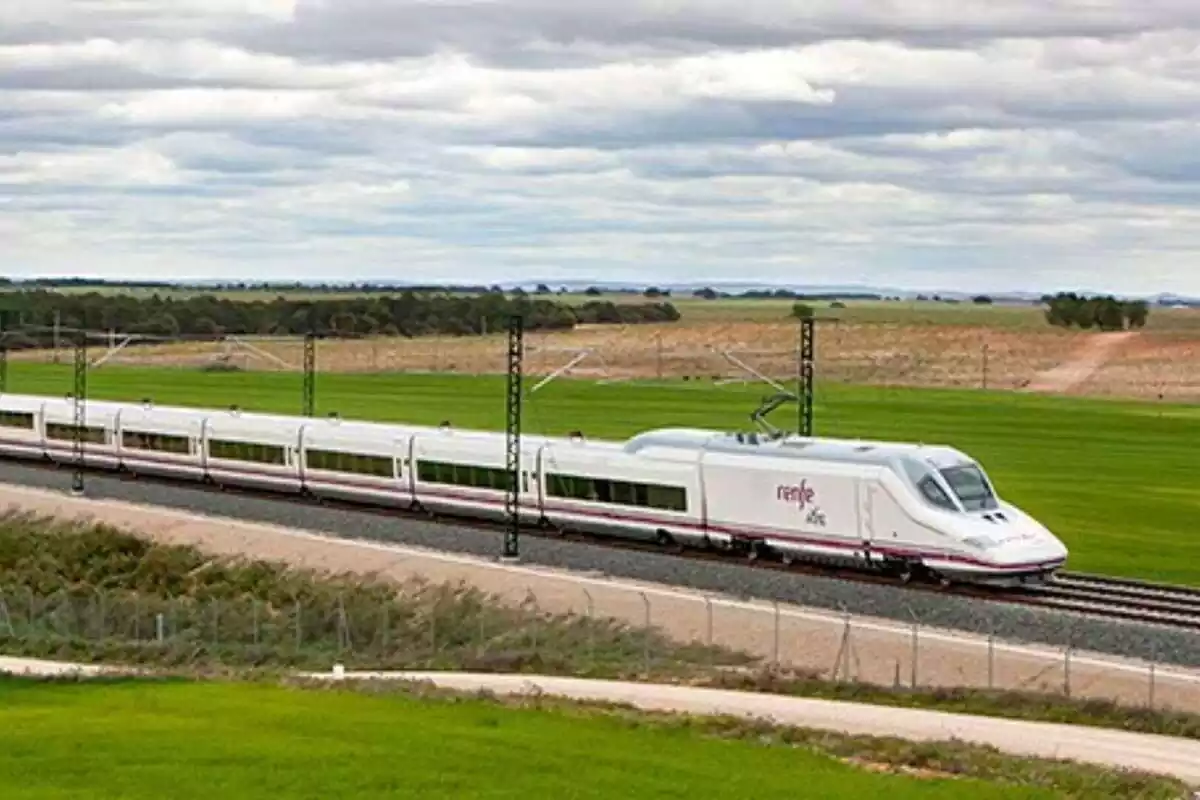 Tren Ave Renfe en las vías pasando por el medio de un prado verde Tren Ave Renfe en las vías pasando por el medio de un prado verde