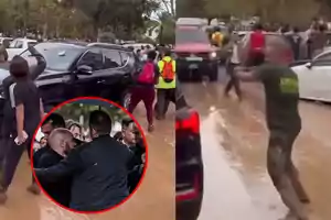 Un grupo de personas rodea un vehículo en una calle mientras un hombre con uniforme apunta con un arma; en un recuadro, se observa a varias personas en una situación de tensión.