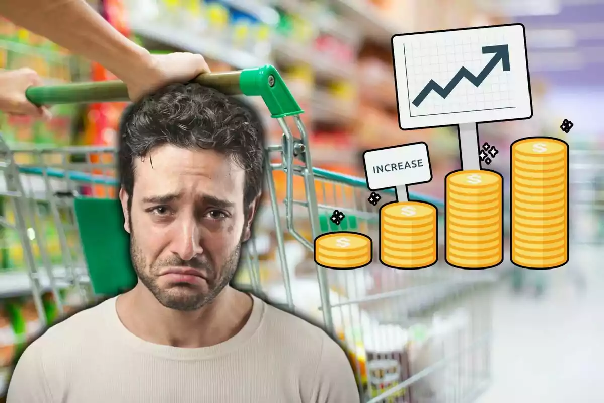 Un hombre con expresión triste está en un supermercado, empujando un carrito de compras, mientras gráficos de monedas y una flecha ascendente indican un aumento de precios. Un hombre con expresión triste está en un supermercado, empujando un carrito de compras, mientras gráficos de monedas y una flecha ascendente indican un aumento de precios.