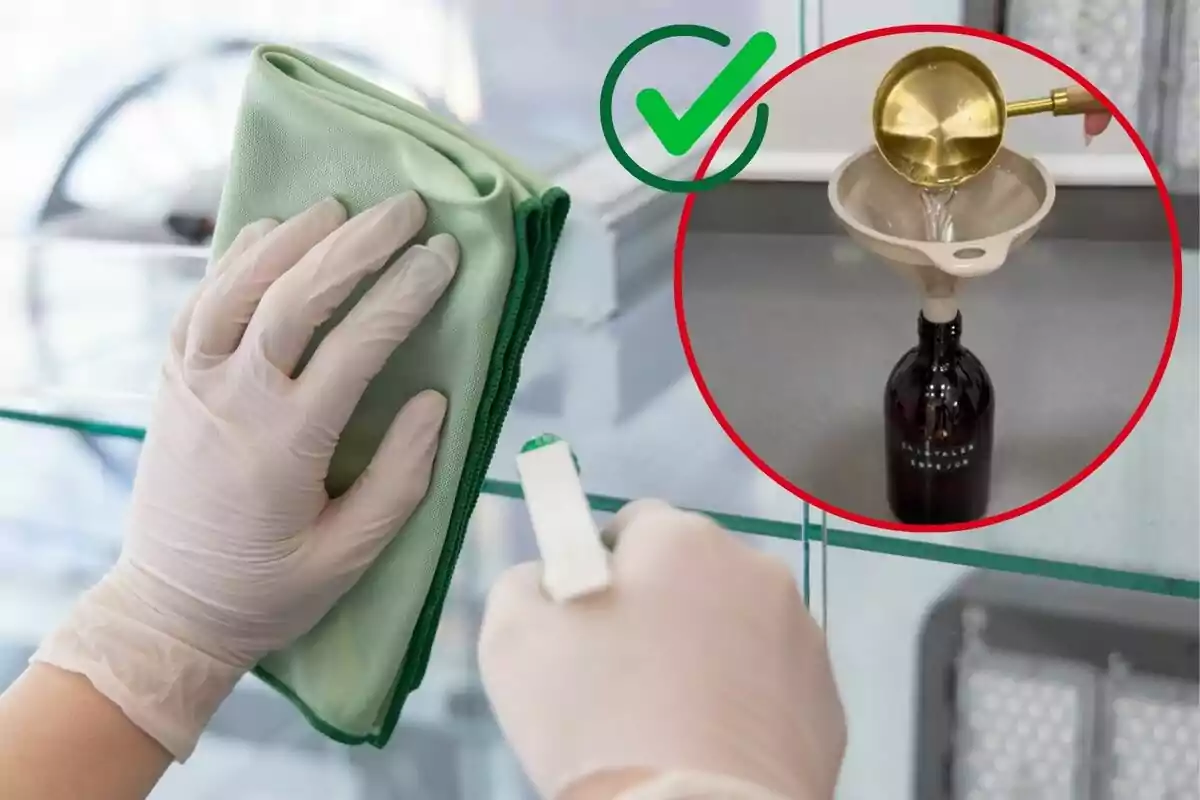 Imagen de fondo de unas manos con guantes limpiando unos cristales y otra imagen de una captura de un vídeo de una persona mezclando productos en un bote