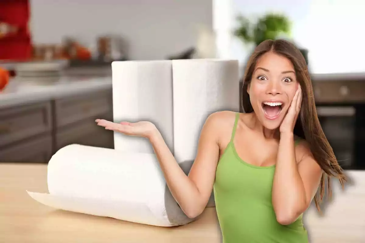 Una mujer sonriente en una cocina señalando rollos de papel.