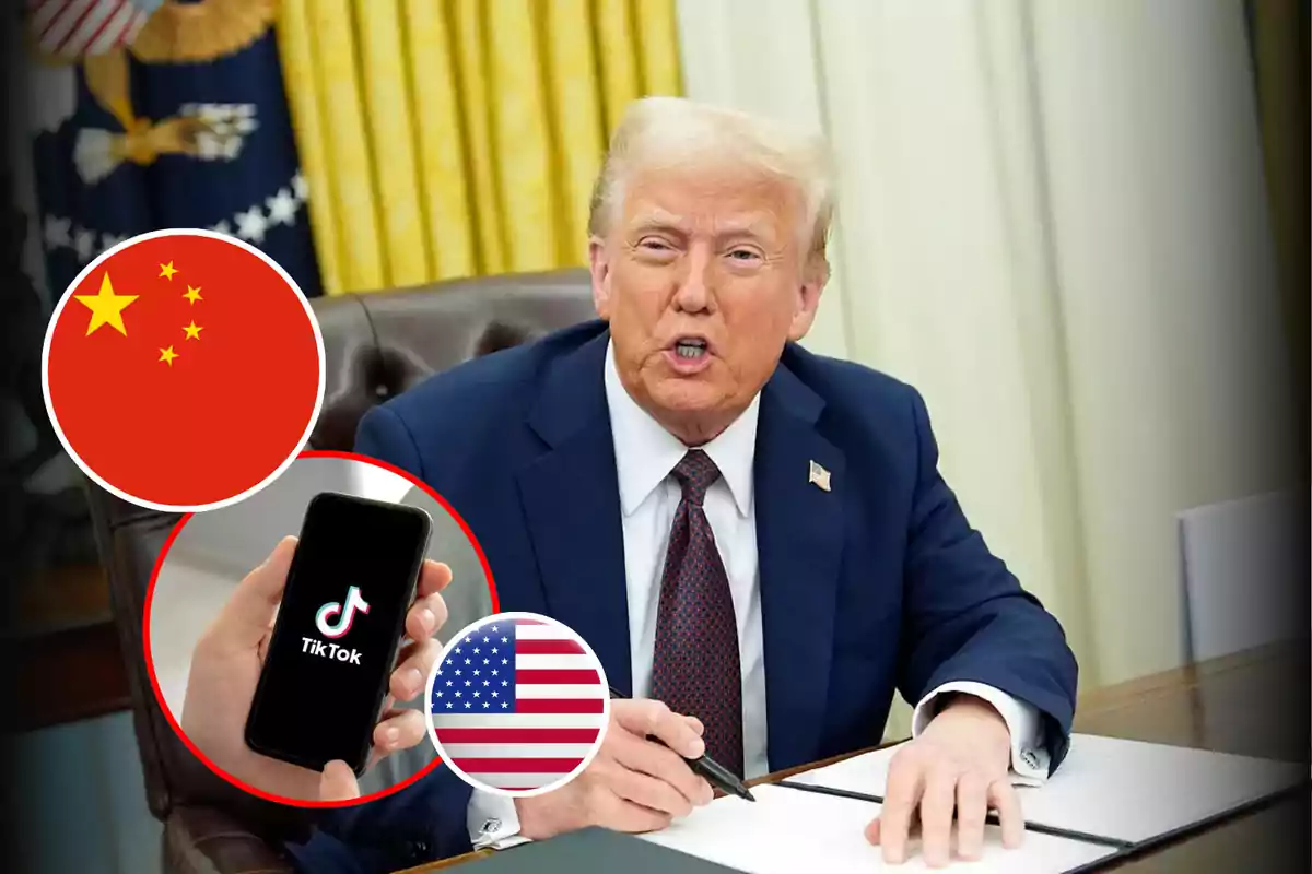 A man sitting at a desk with a United States flag behind him, next to images of a phone with the TikTok logo and the flags of China and the United States.