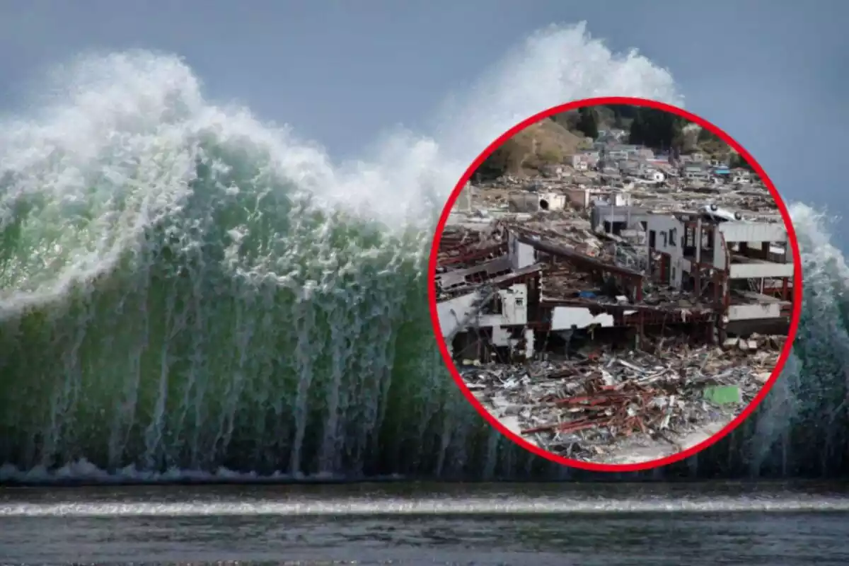 Montaje con una gran ola y unos destrozos provocados por un tsunami
