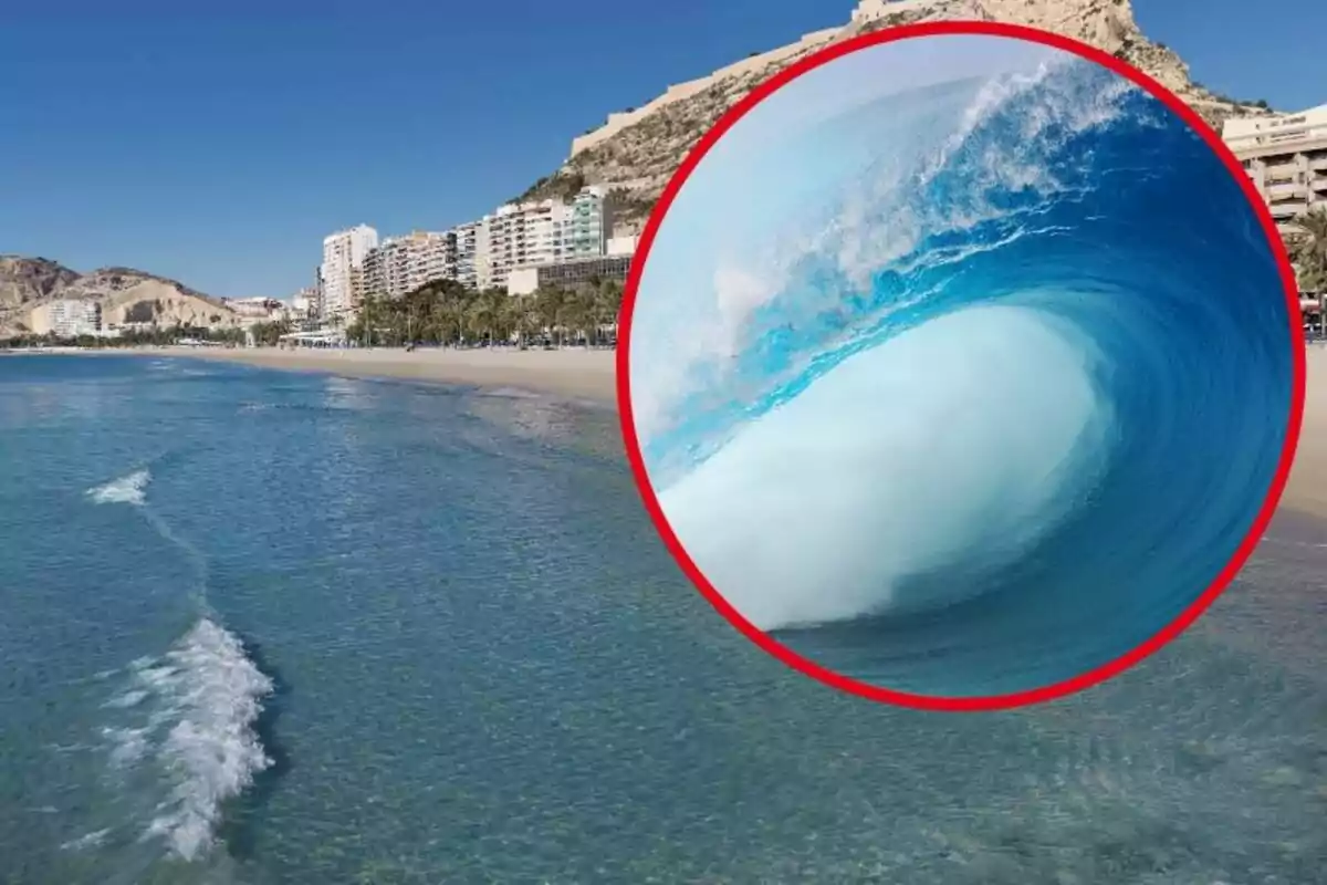 Playa con edificios al fondo y un círculo rojo que muestra una ola grande.