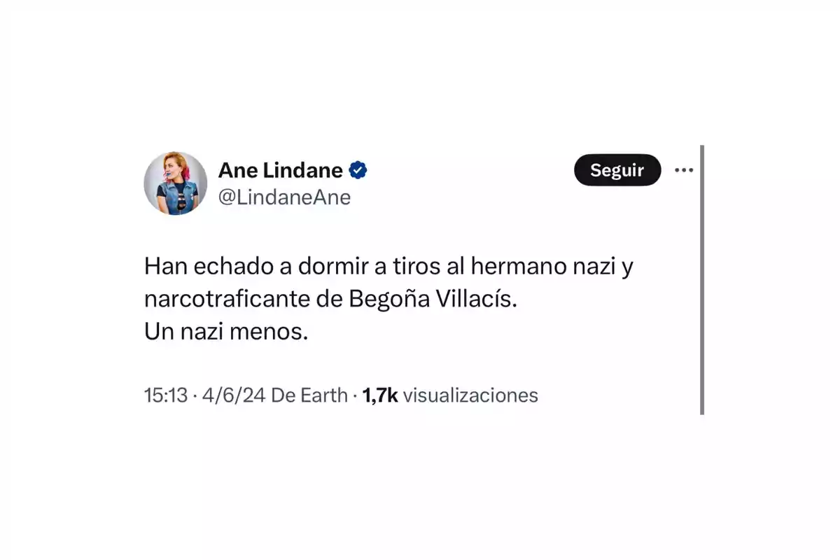 Tuit de Ane Lindane sobre el asesinato del hermano de Begoña Villacís