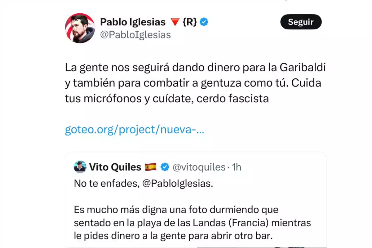 Captura de pantalla de un intercambio en Twitter entre dos usuarios, donde uno critica al otro por pedir dinero para un proyecto y lo insulta, mientras el otro responde defendiendo su dignidad. Captura de pantalla de un intercambio en Twitter entre dos usuarios, donde uno critica al otro por pedir dinero para un proyecto y lo insulta, mientras el otro responde defendiendo su dignidad.