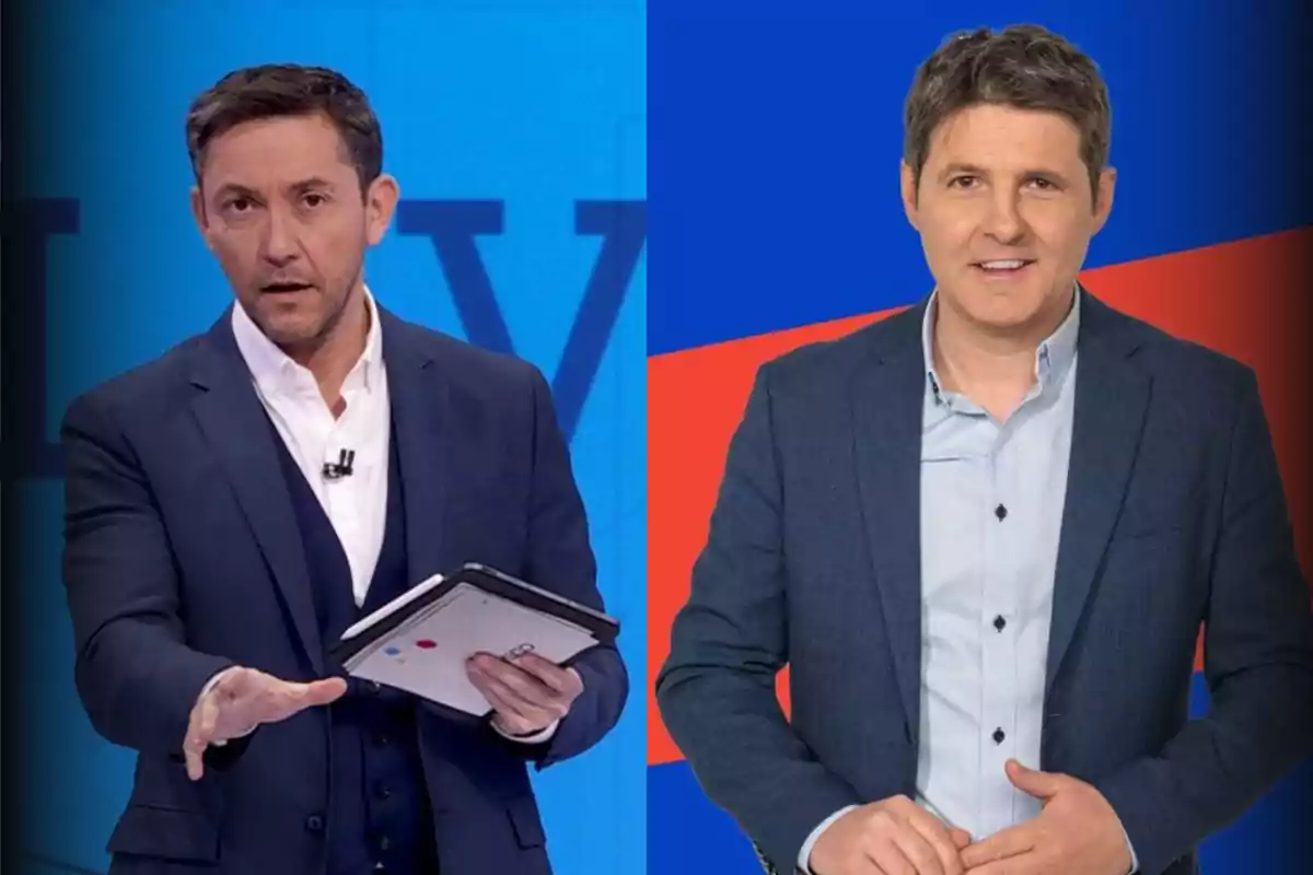 Dos hombres con trajes oscuros posan frente a fondos de colores diferentes, uno sostiene una tableta.
