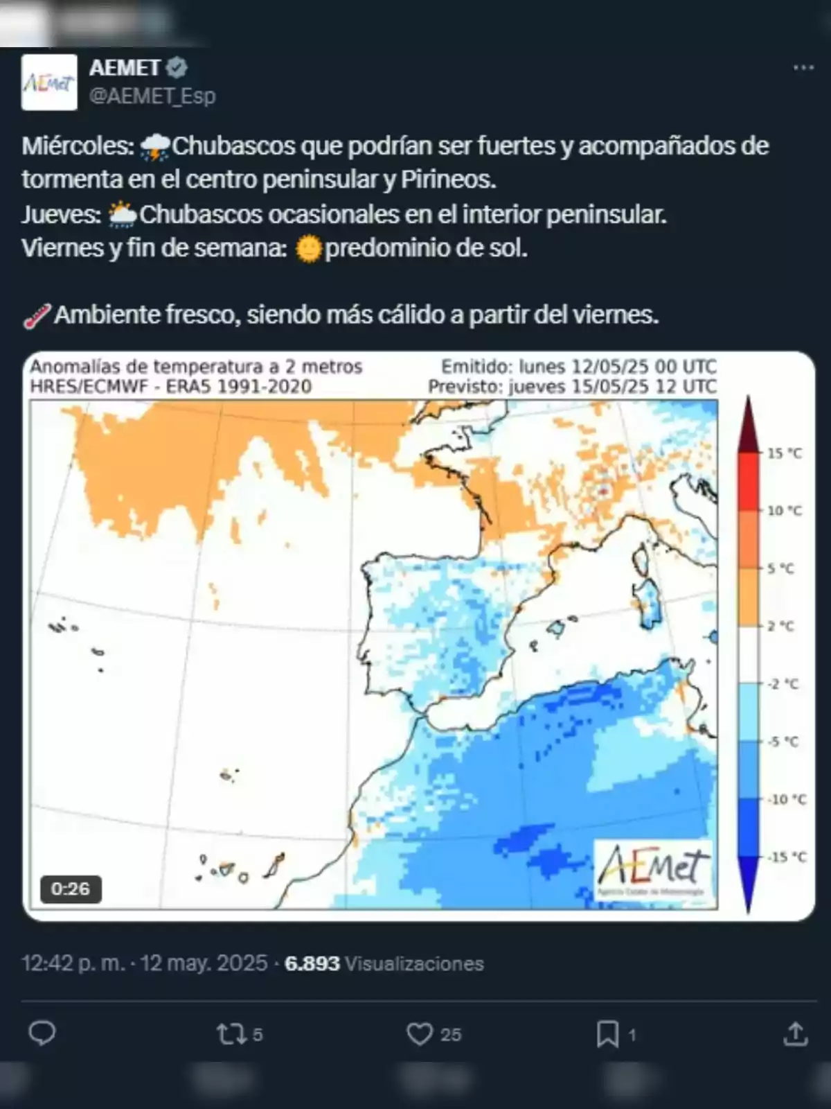La AEMET informa sobre el tiempo de esta semana de mayo de 2025: el miércoles habrá chubascos fuertes con tormentas en el centro peninsular y Pirineos; el jueves se esperan chubascos ocasionales en el interior peninsular; el viernes y el fin de semana predominará el sol; el ambiente será fresco, pero se espera que sea más cálido a partir del viernes. La AEMET informa sobre el tiempo de esta semana de mayo de 2025: el miércoles habrá chubascos fuertes con tormentas en el centro peninsular y Pirineos; el jueves se esperan chubascos ocasionales en el interior peninsular; el viernes y el fin de semana predominará el sol; el ambiente será fresco, pero se espera que sea más cálido a partir del viernes.