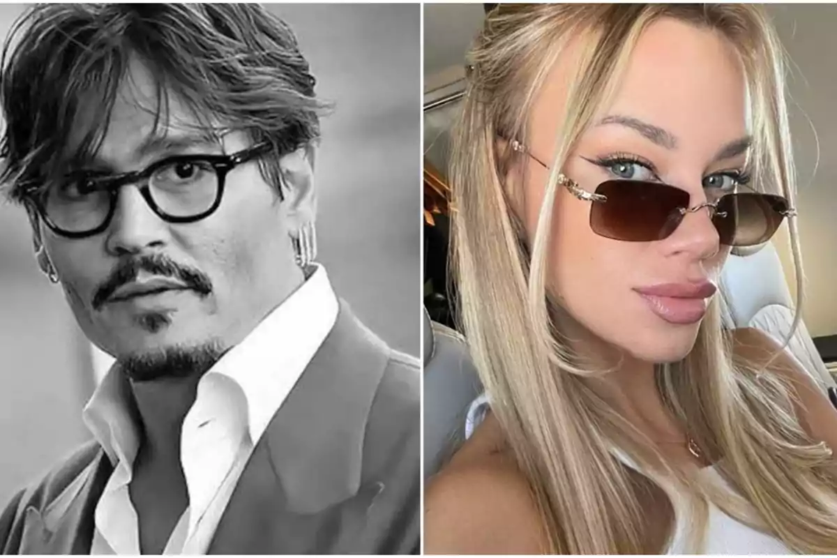 Una imagen en blanco y negro de un hombre con gafas y una mujer rubia con gafas de sol.