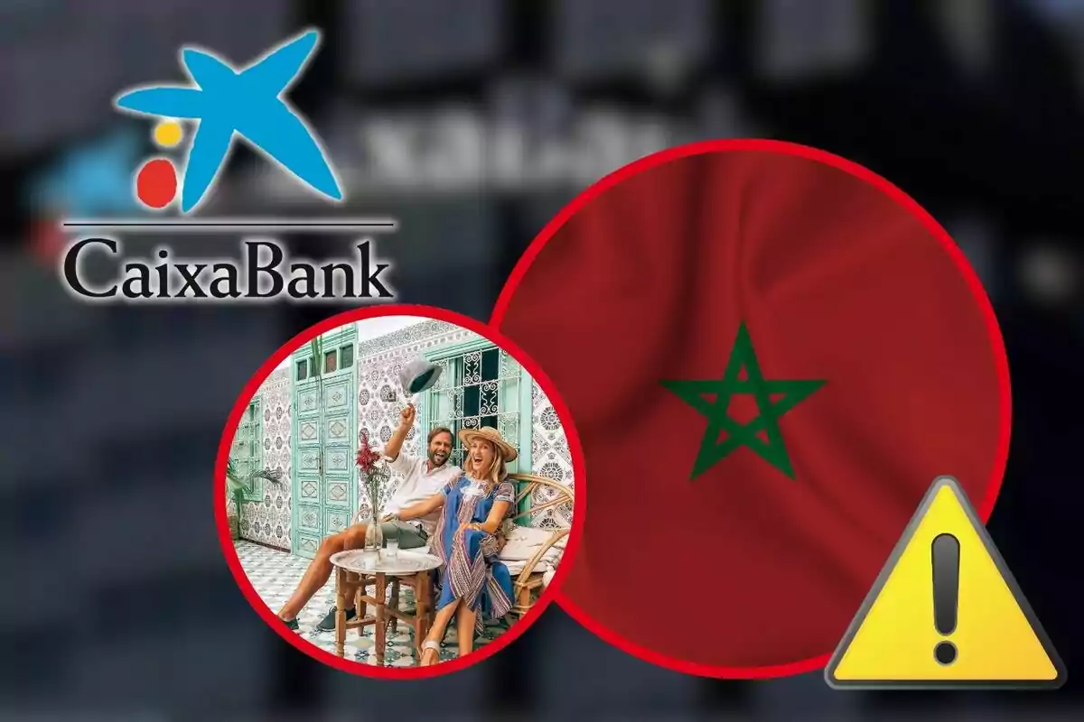 Montaje de Caixabank con la bandera de Marruecos y símbolo de advertencia con turistas