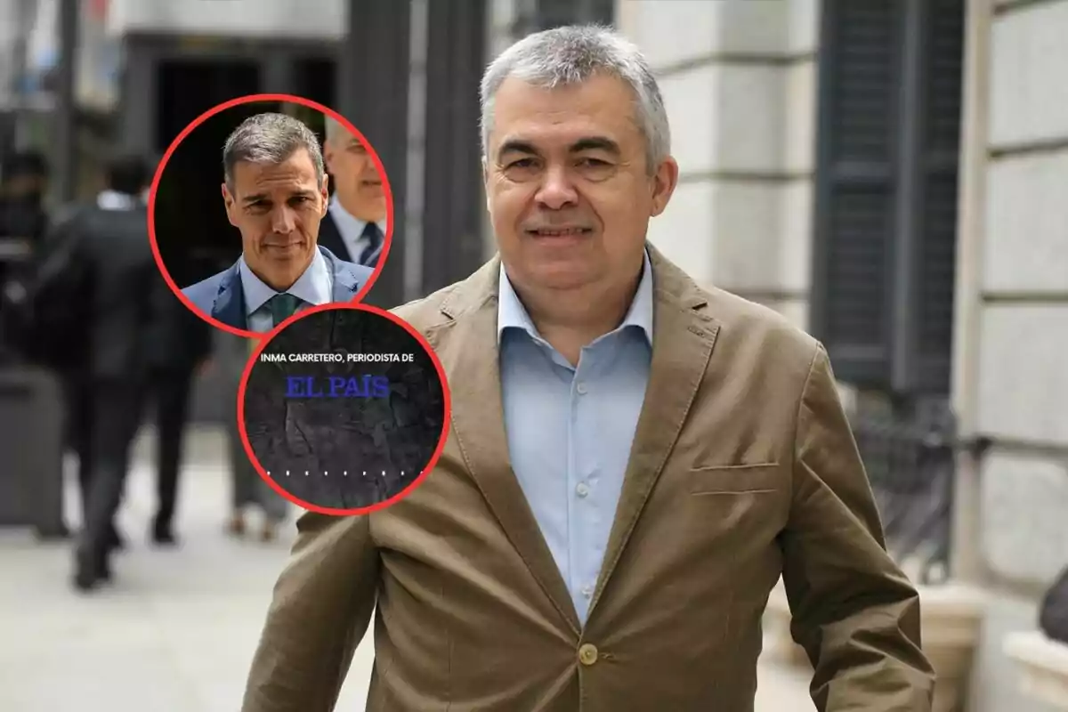 Hombre de cabello canoso con chaqueta marrón y camisa azul caminando por la calle con dos círculos rojos superpuestos que muestran el rostro de otro hombre y el logo de un medio de comunicación