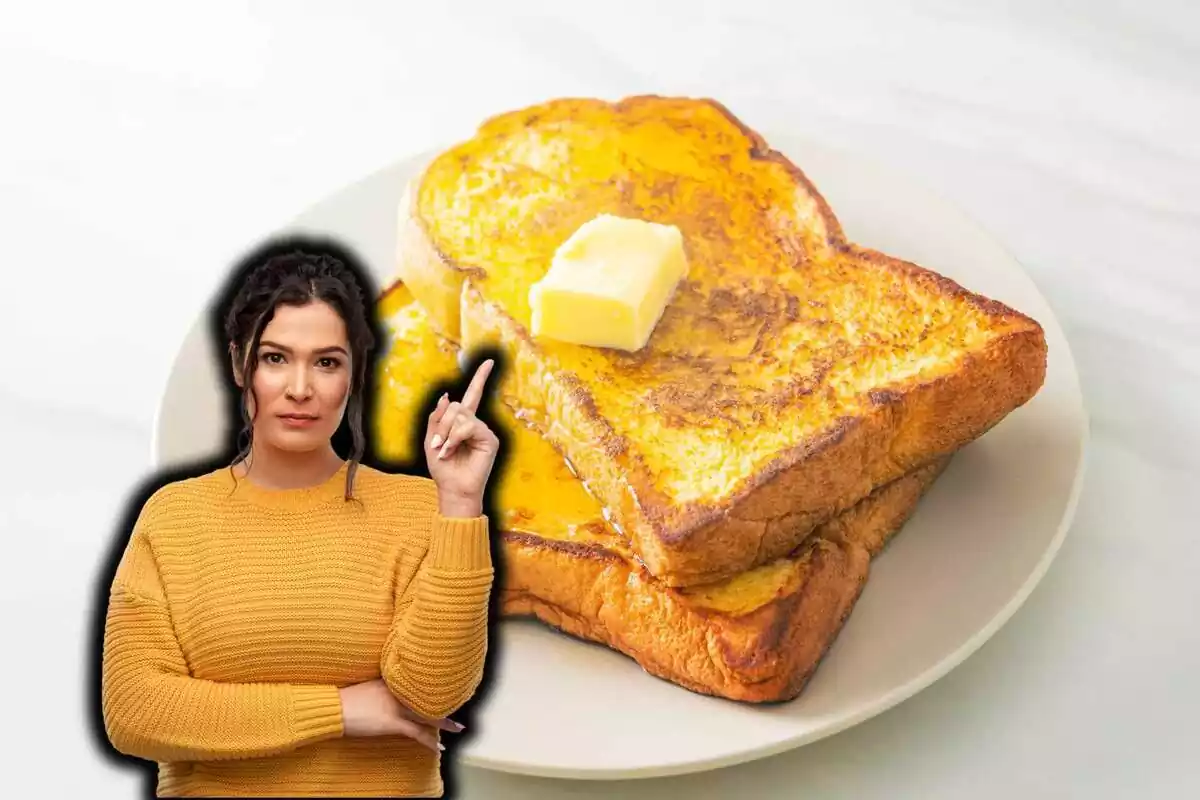 Mujer seria, jersey amarillo, sobre fondo de dos tostadas francesas con mantequilla