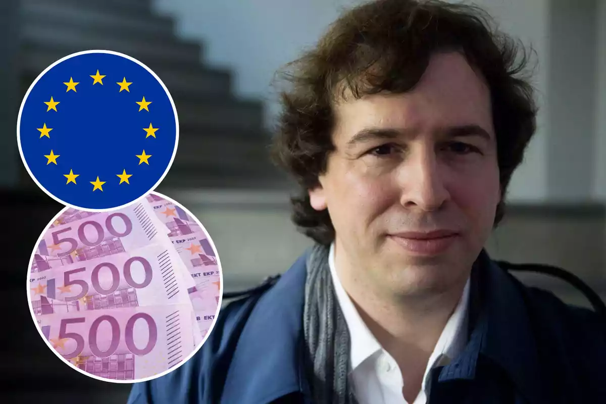 Un hombre de cabello oscuro con una expresión neutral, junto a un gráfico que muestra el símbolo de la Unión Europea y billetes de 500 euros.