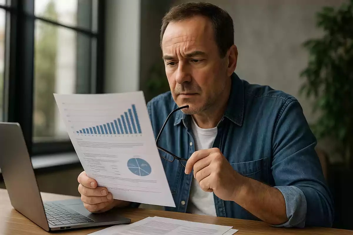 Hombre concentrado revisando gráficos y documentos en una oficina con una computadora portátil sobre la mesa.