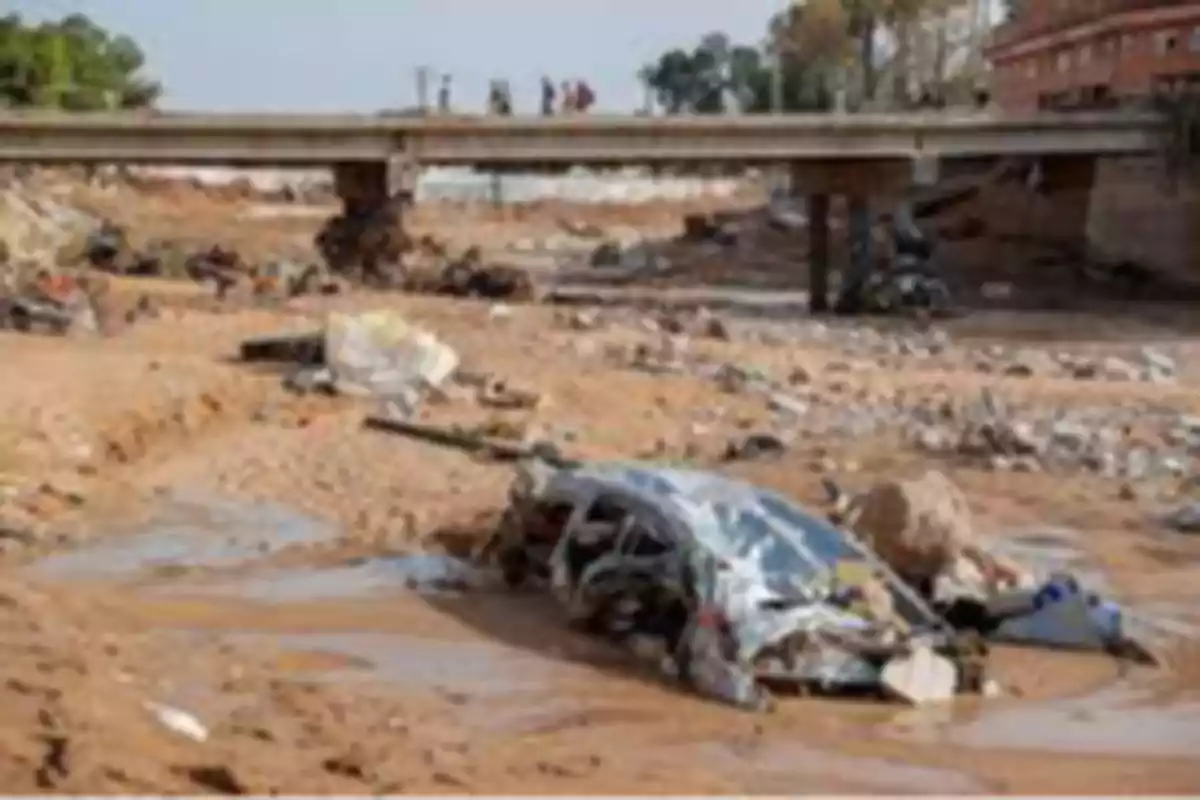 A bridge over a terrain covered with debris and mud after a flood.