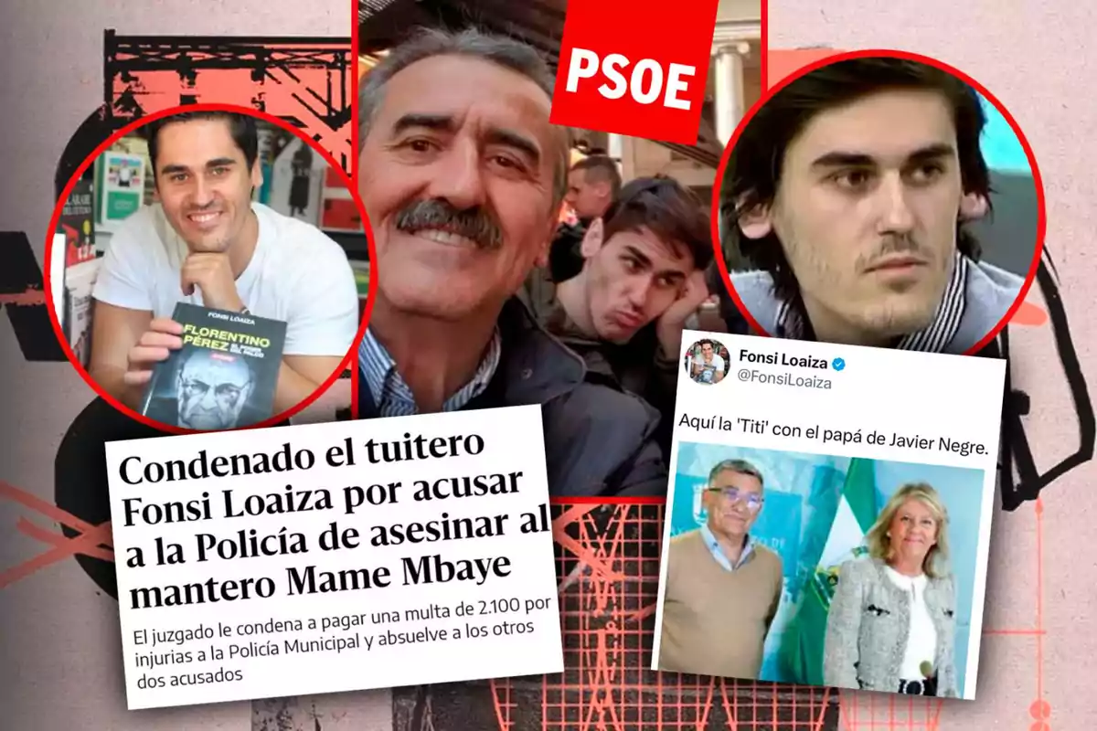 Collage con imágenes de varias personas, un recorte de periódico sobre la condena a un tuitero y un tuit relacionado.