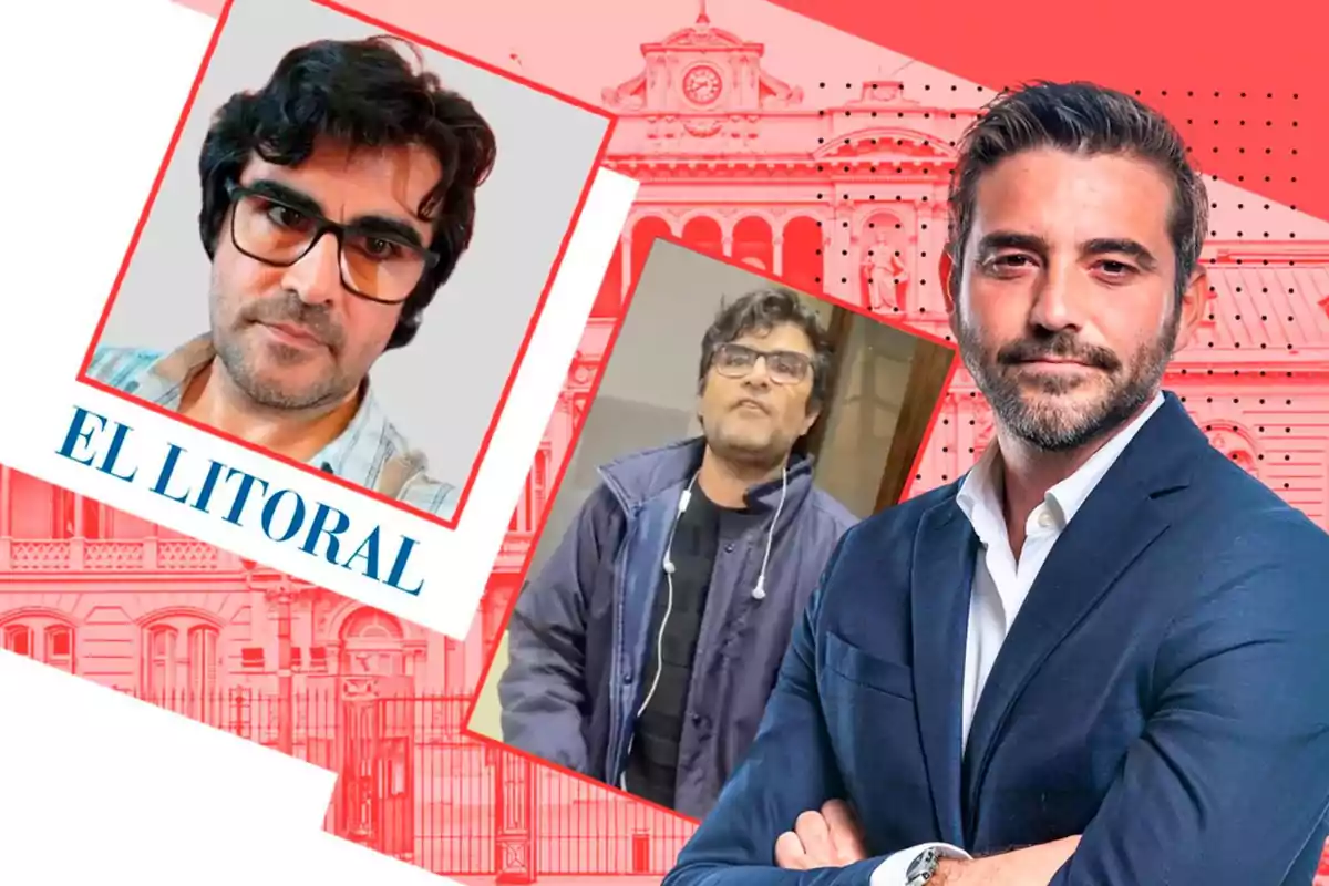 Imagen de un collage con tres fotos de hombres, una de ellas con el texto "EL LITORAL" en la parte inferior, sobre un fondo rojo con un edificio de estilo clásico.