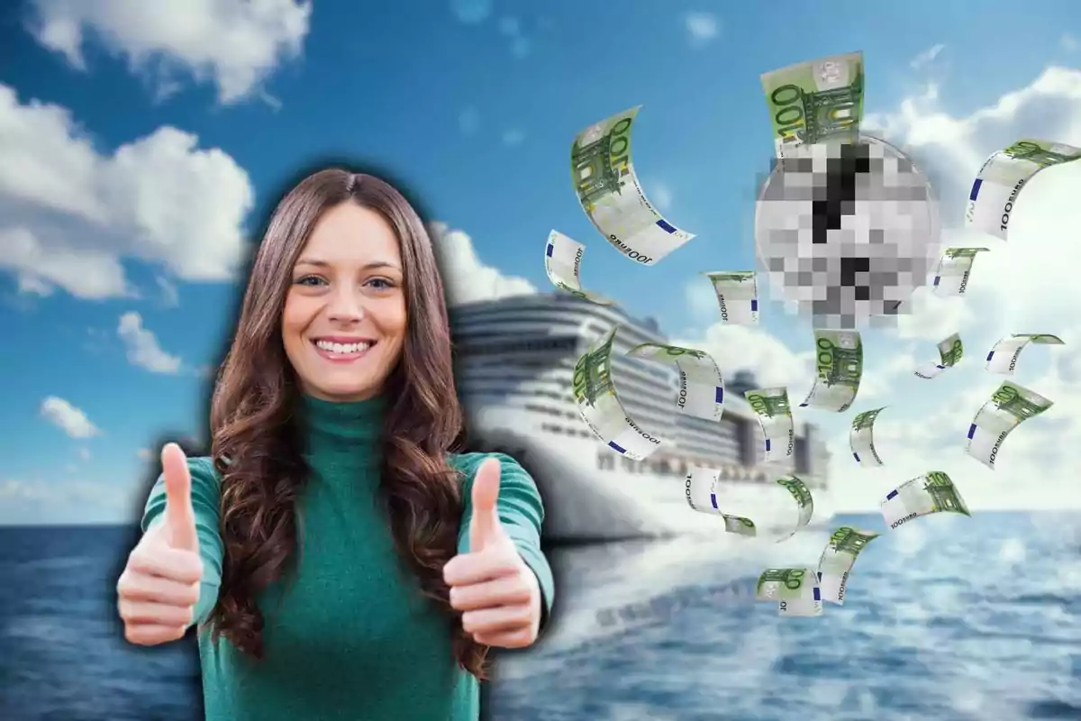 Mujer sonriente con pulgares arriba frente a un crucero y billetes de euro flotando en el aire.