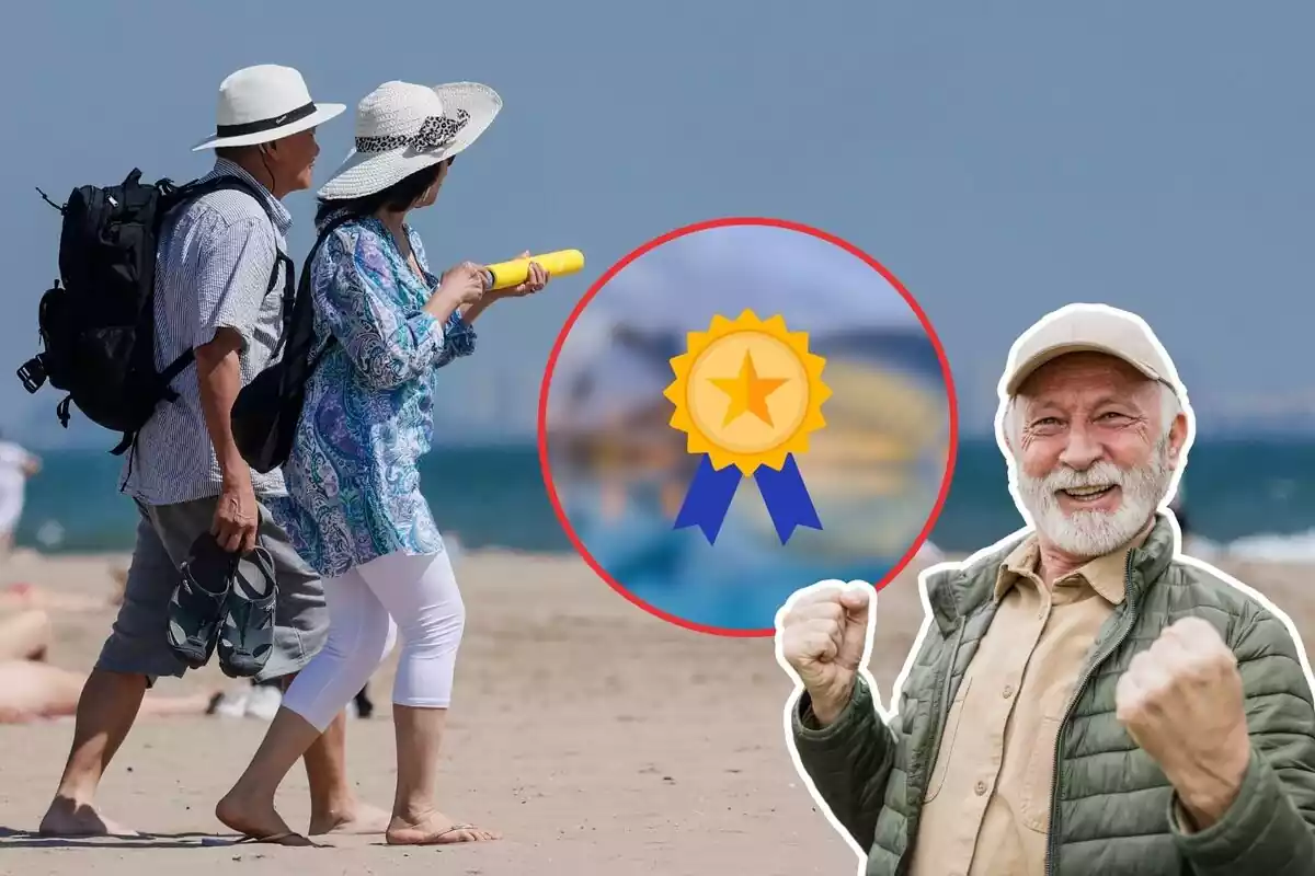 Imagen de fondo de varias personas en una playa de Valencia, junto a otra imagen de un hombre mayor contento y de la ciudad de las artes y las ciencias de Valencia en una imagen difuminada, con una medalla delante