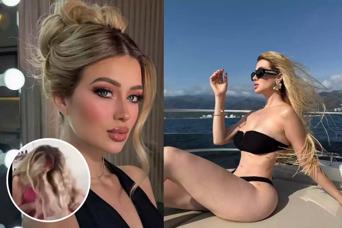 Una mujer con maquillaje elegante y peinado recogido en un entorno interior junto a otra imagen de ella en bikini negro disfrutando de un día soleado en un yate.