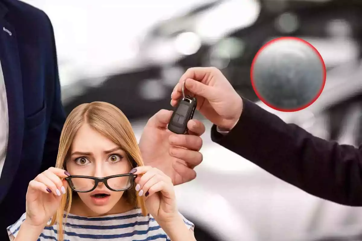 Una mujer sorprendida se ajusta las gafas mientras observa a dos personas intercambiando llaves de coche con un círculo rojo resaltando un área borrosa en el fondo.