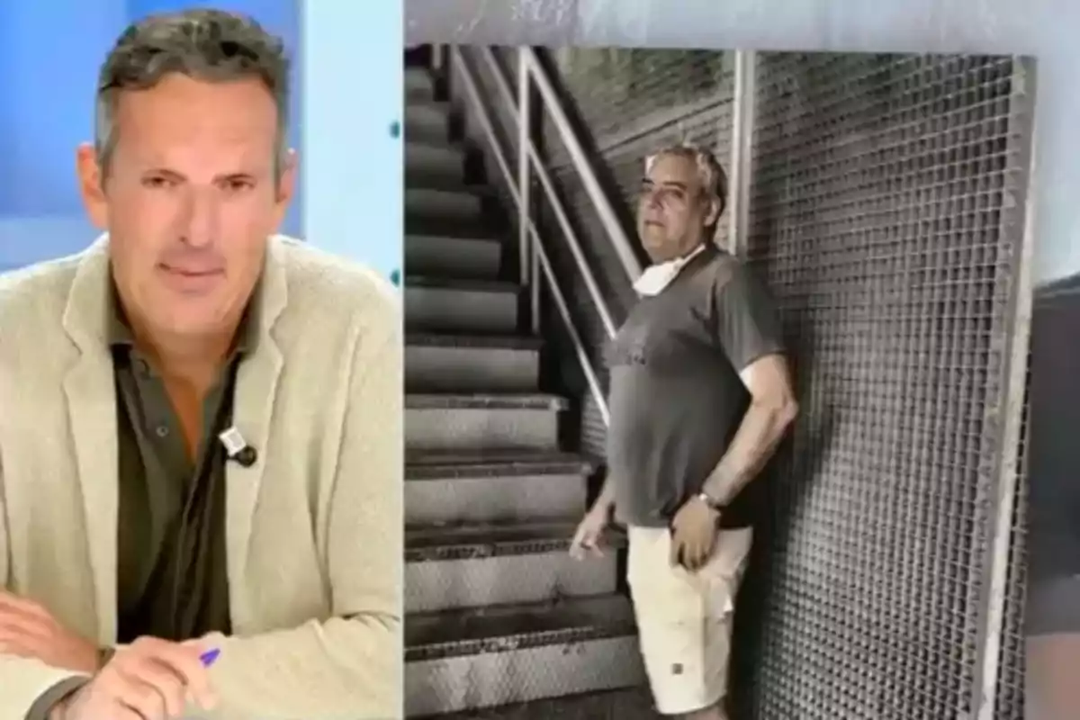 Joaquín Prat con chaqueta clara está sentado en un estudio de televisión mientras que a su lado hay una imagen de otra persona de pie junto a unas escaleras metálicas. Captura de 'Vamos a ver' Joaquín Prat con chaqueta clara está sentado en un estudio de televisión mientras que a su lado hay una imagen de otra persona de pie junto a unas escaleras metálicas. Captura de 'Vamos a ver'