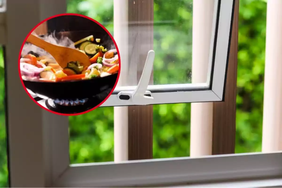 Una ventana abierta con un círculo que muestra una sartén con vegetales cocinándose.