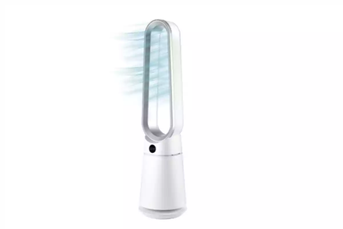 Ventilador sin aspas de diseño moderno con flujo de aire visible. Ventilador sin aspas de diseño moderno con flujo de aire visible.