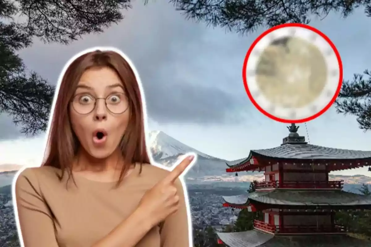 Una mujer con expresión de sorpresa señala hacia un templo japonés con un círculo rojo resaltando un área en el cielo.