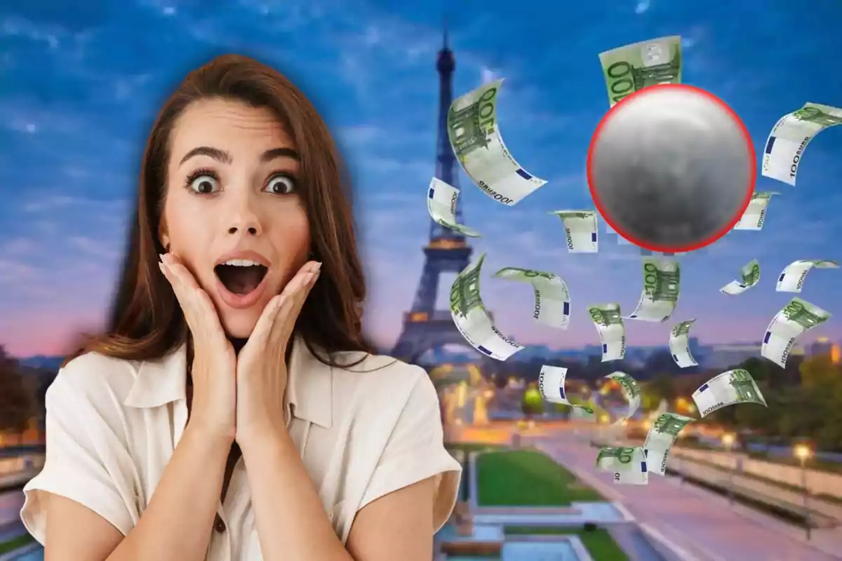 Una mujer sorprendida con billetes de euro flotando y la Torre Eiffel de fondo.