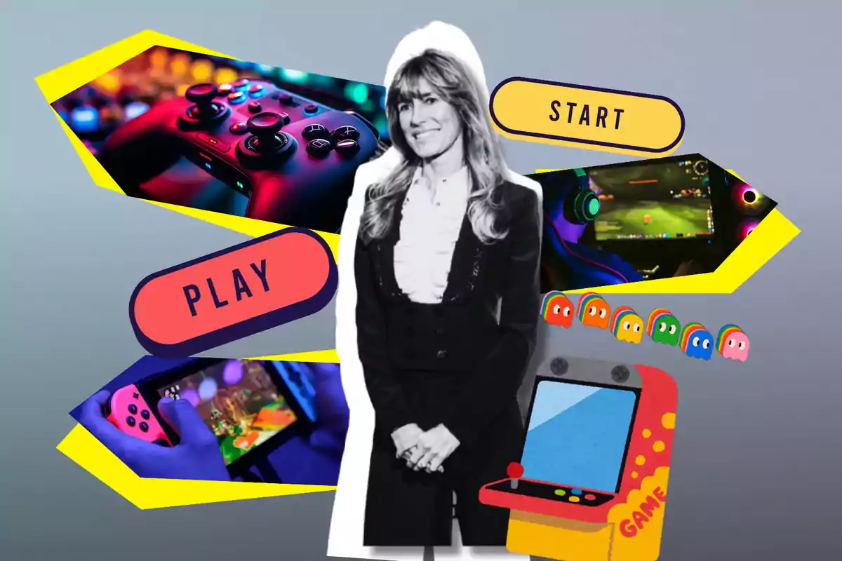 Una mujer en blanco y negro está rodeada de imágenes coloridas de videojuegos, incluyendo un control, una pantalla de juego, una consola portátil y una máquina arcade, con las palabras "PLAY" y "START" destacadas.