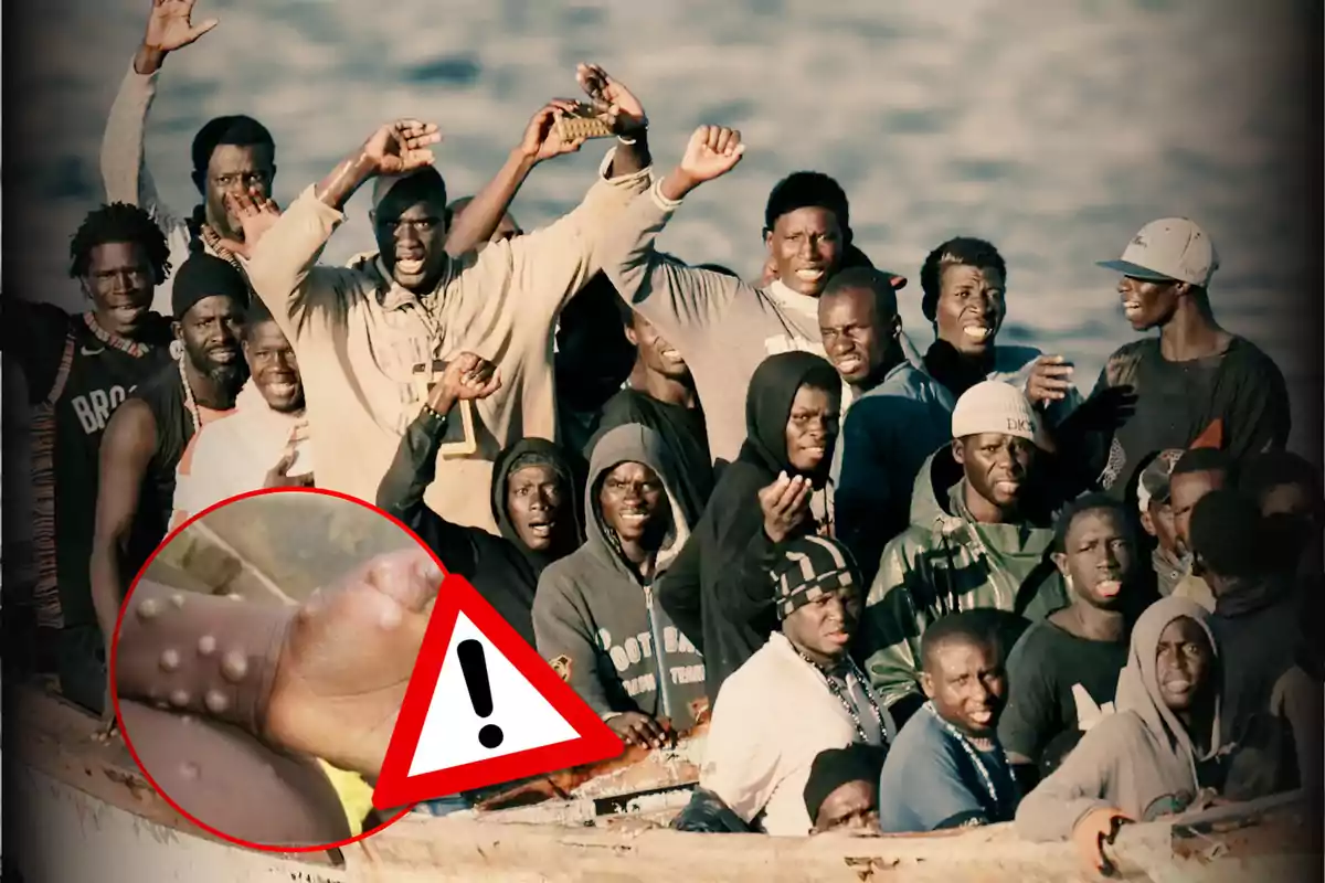 A group of people in a boat at sea with a box showing skin with bumps and a warning sign.