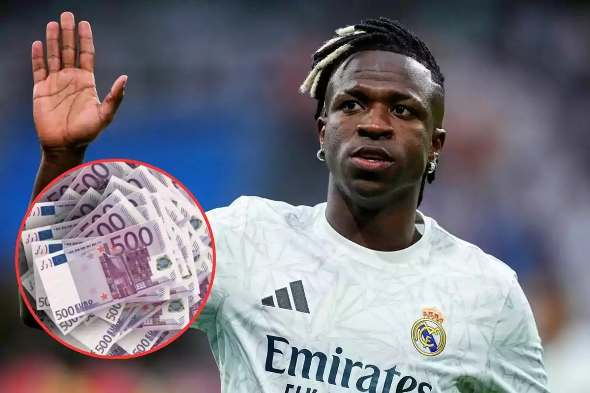 Un jugador de fútbol con la camiseta del Real Madrid levantando la mano, con una imagen superpuesta de billetes de 500 euros.