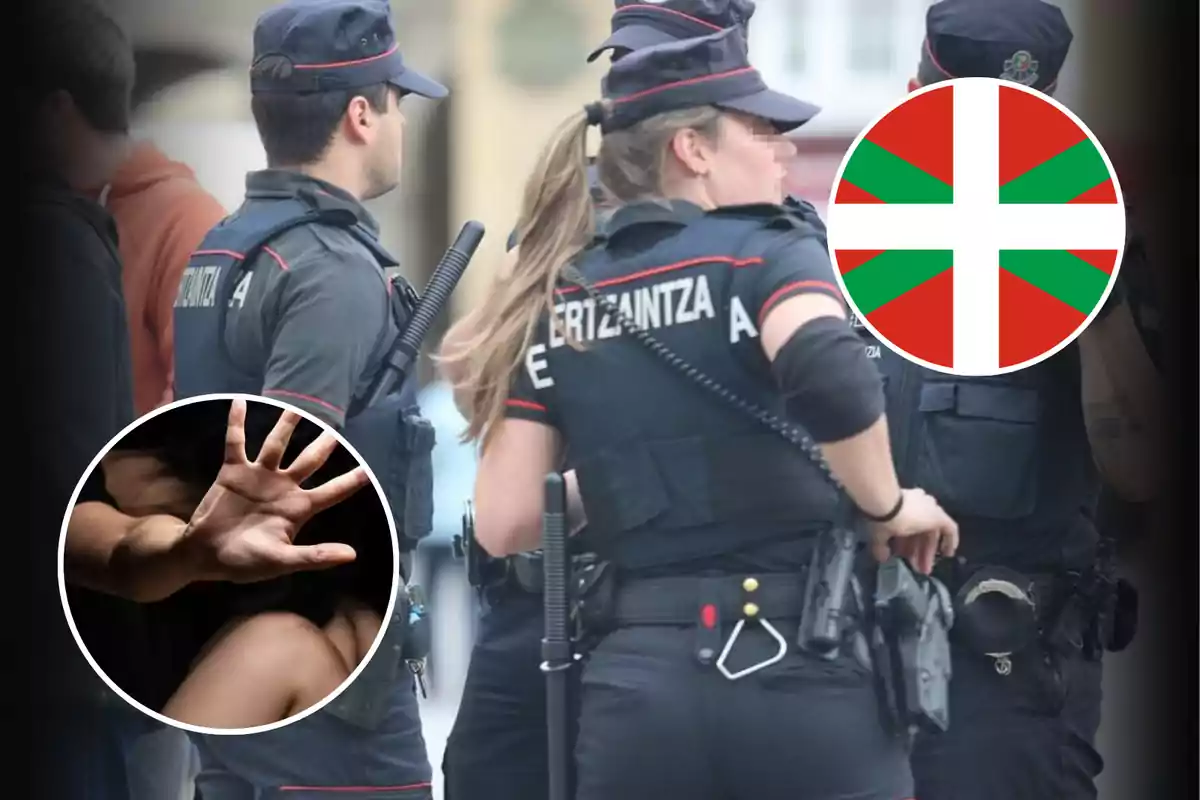 Ertzaintza police officers with their backs turned, featuring a Basque Country symbol and an image of an outstretched hand in a circle.