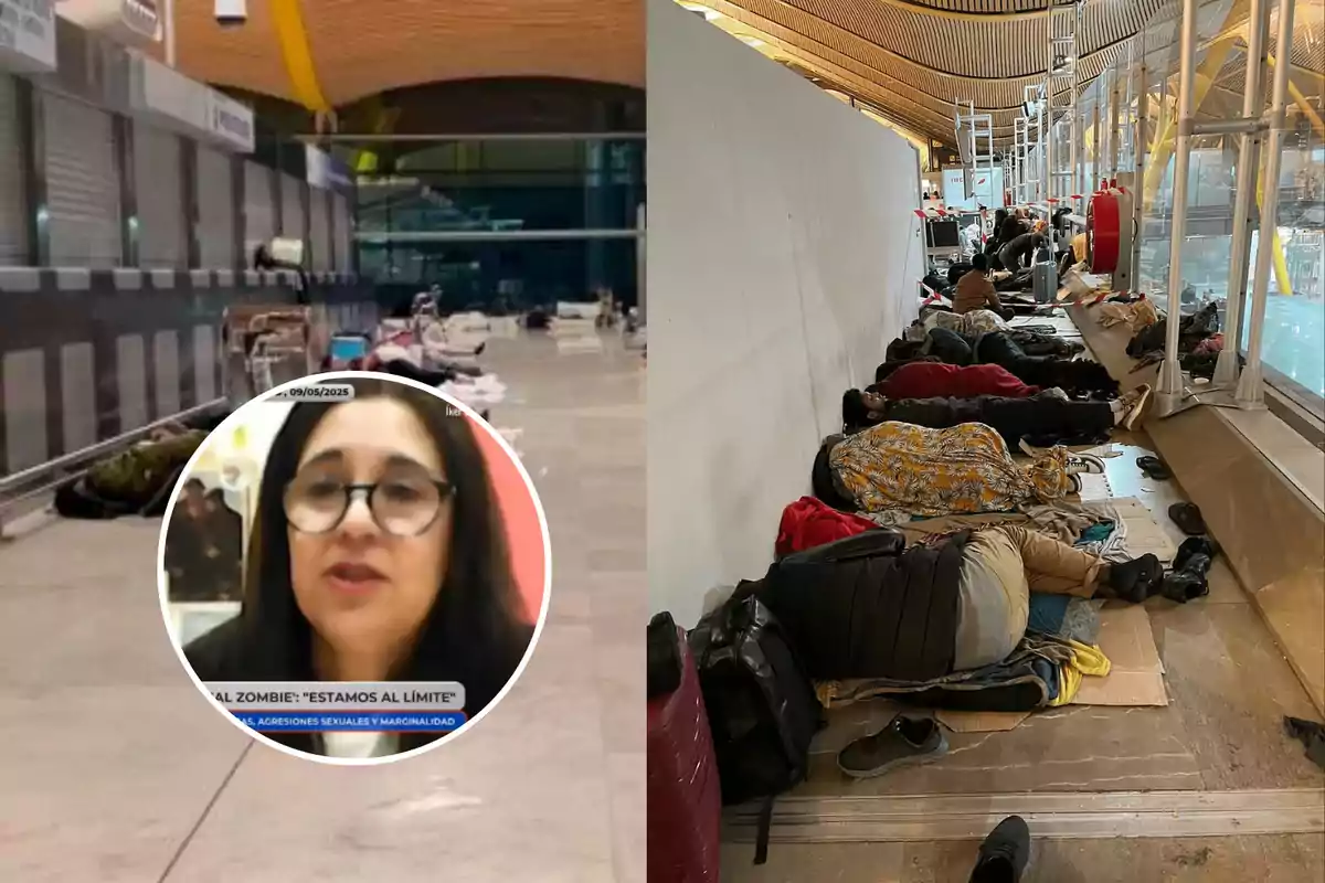 Personas descansan en el suelo de un aeropuerto, mientras una mujer aparece en un recuadro hablando sobre la situación.