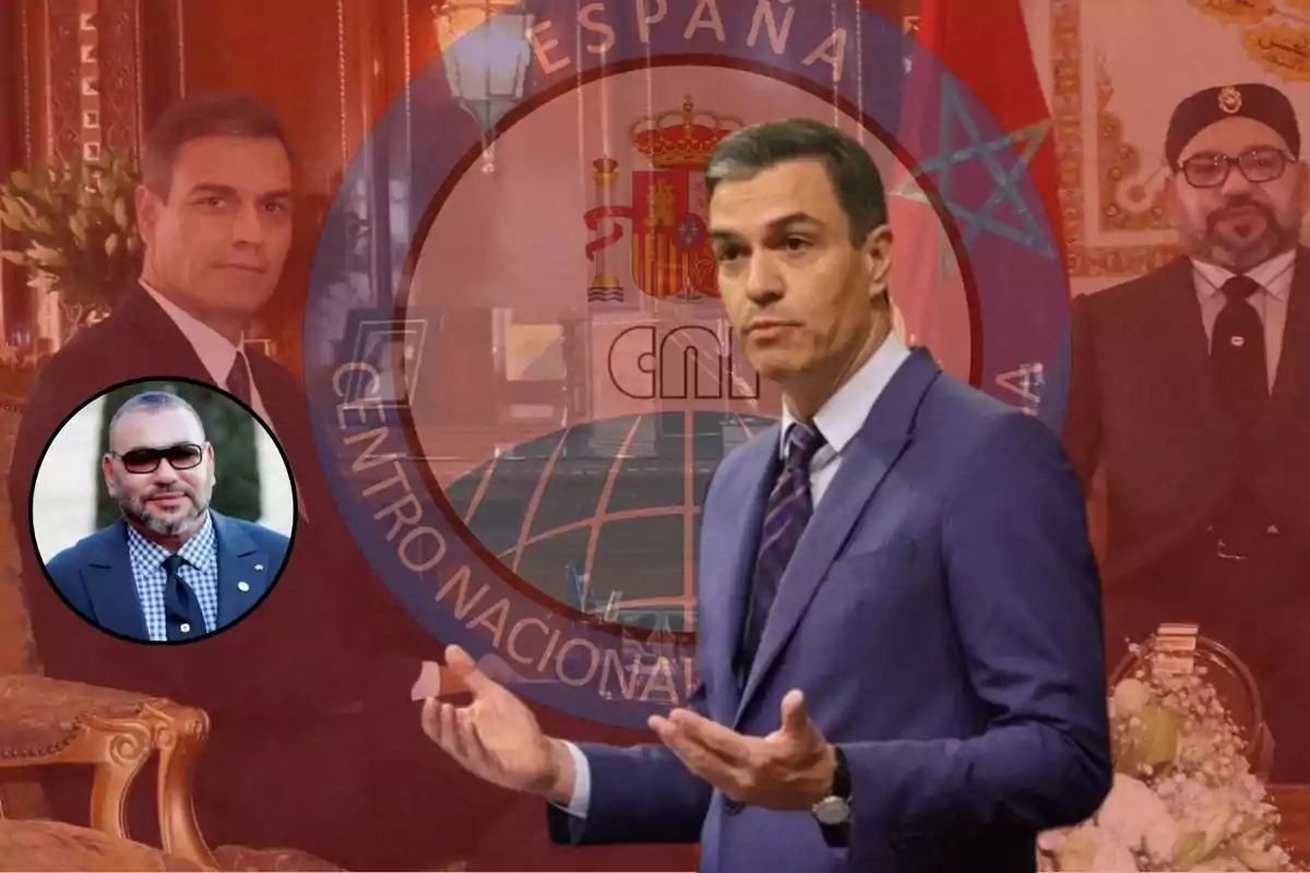 Hombre de traje azul en primer plano con fondo de dos hombres en una sala decorada, un escudo de España y un logo del Centro Nacional de Inteligencia.