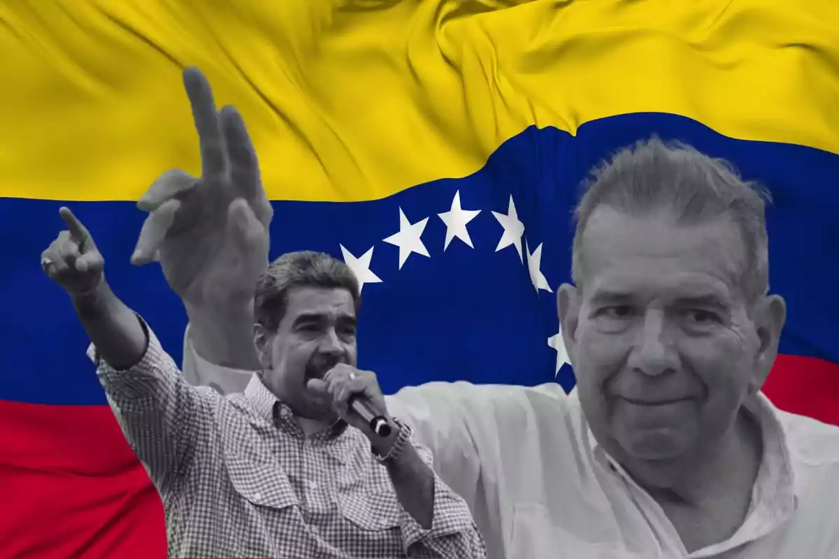 Dos hombres en primer plano con la bandera de Venezuela de fondo.