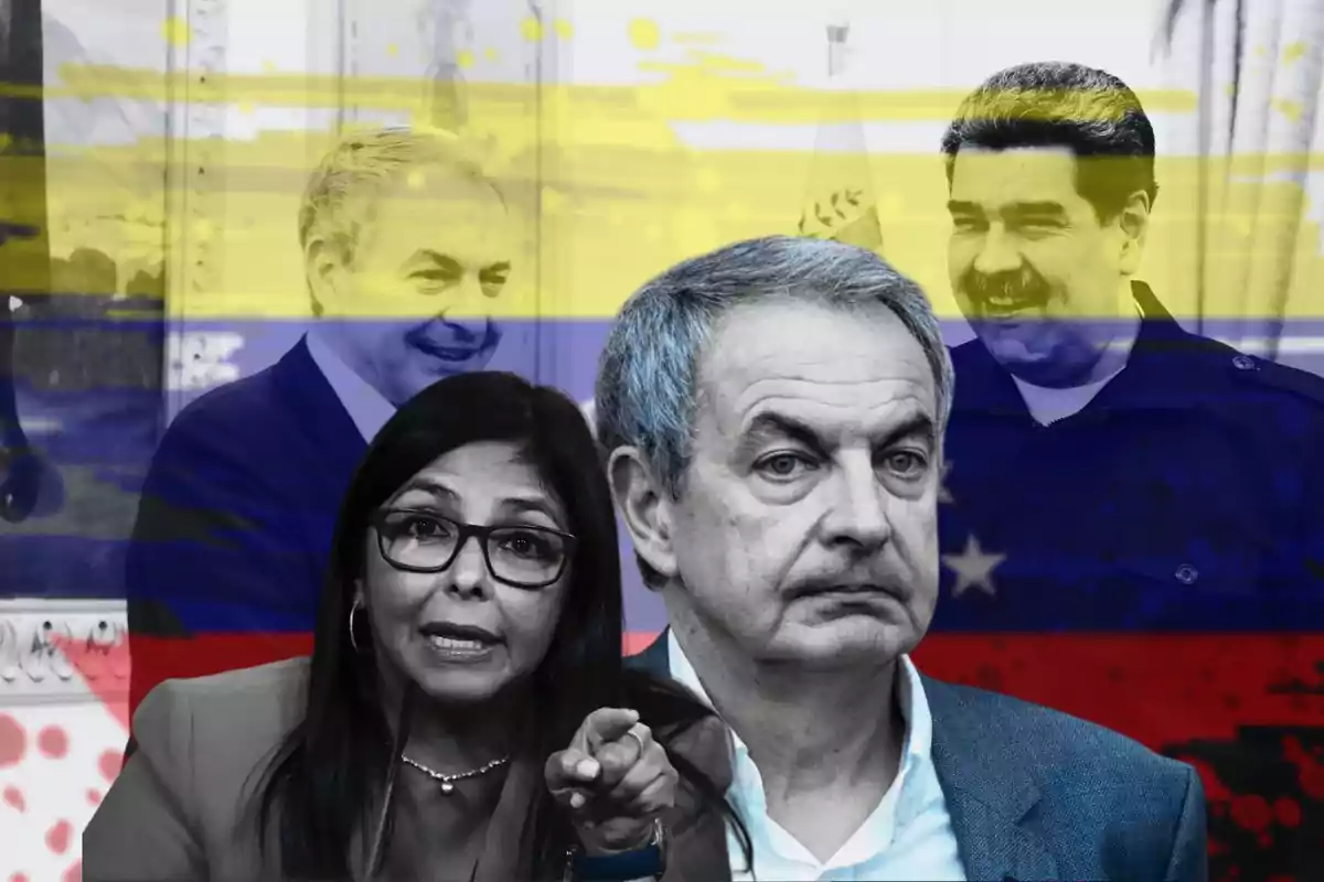 Una imagen con la bandera de Venezuela superpuesta, mostrando a cuatro personas en diferentes planos, dos de ellas en primer plano y dos en segundo plano.