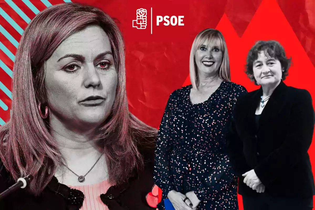 Tres mujeres posan frente a un fondo rojo con el logotipo del PSOE.