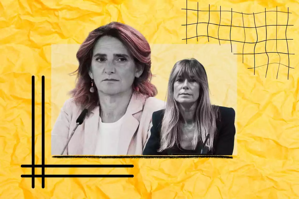 Dos mujeres en un collage con fondo amarillo y elementos gráficos negros.