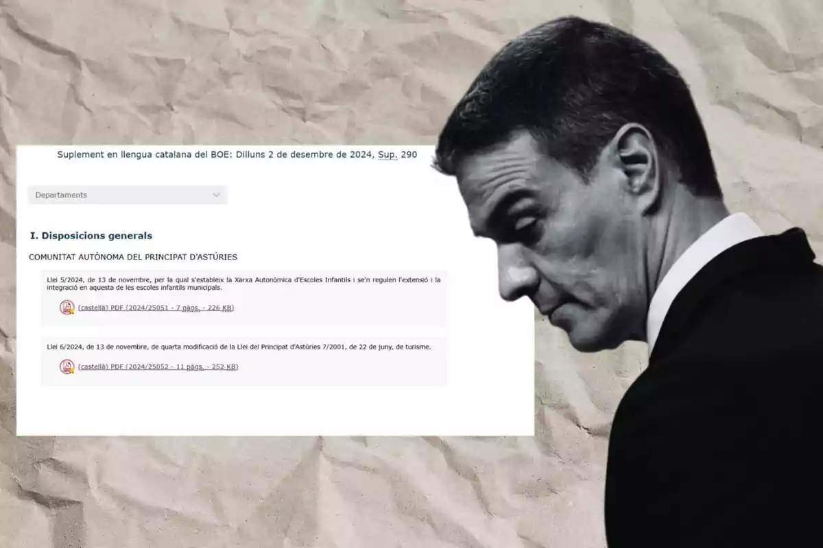 Una imagen que muestra un documento oficial en catalán del BOE con fecha 2 de diciembre de 2024 y un hombre de perfil en blanco y negro sobre un fondo de papel arrugado.