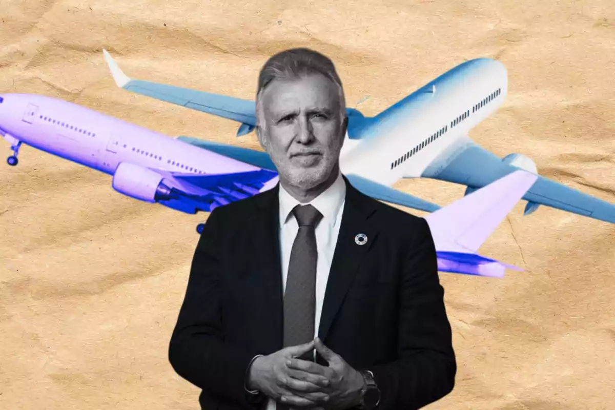 A man in a suit in front of two airplanes against a textured paper background.