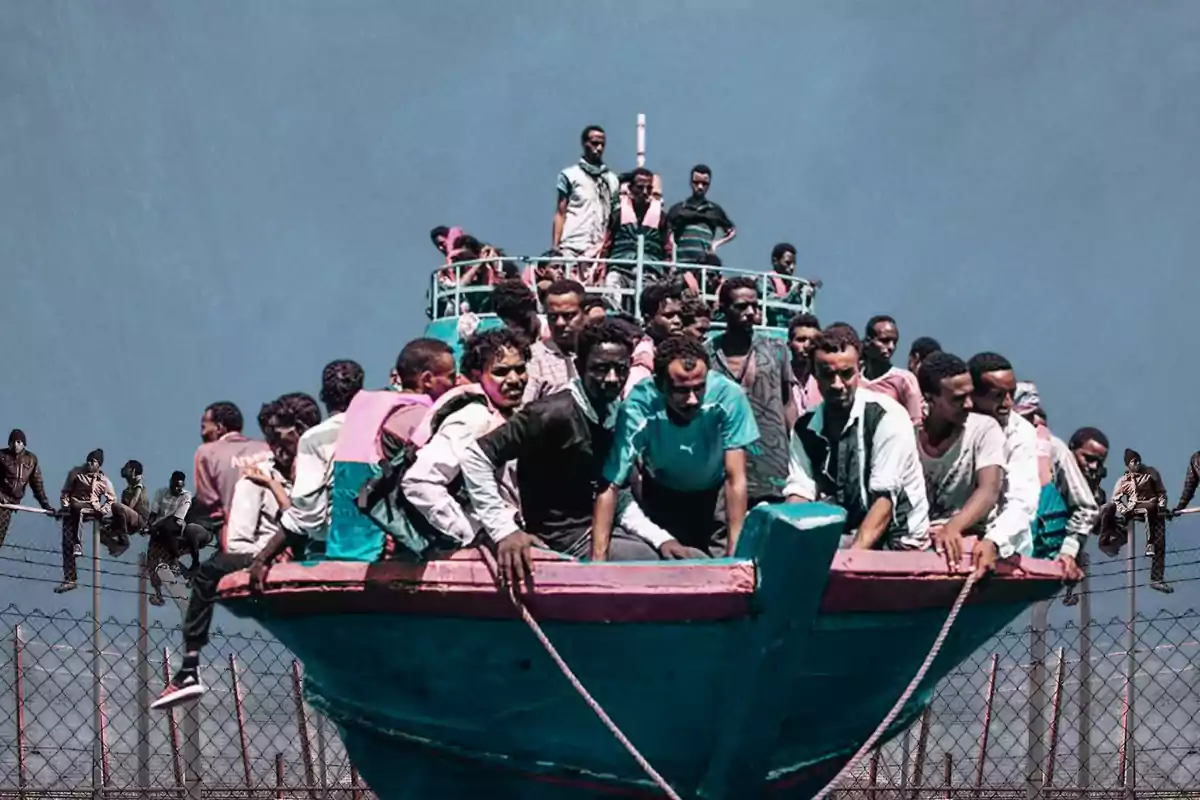 A group of people on an overloaded boat at sea with a clear sky in the background.